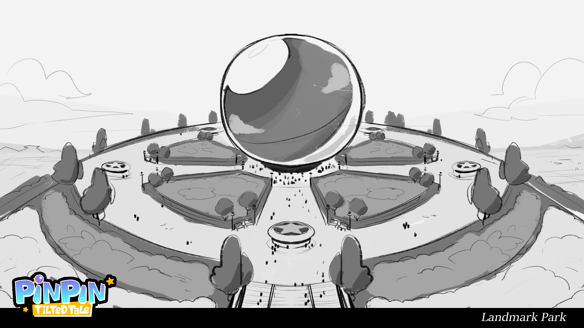 A park in Pin City built around a massive pinball that rained down thousands of years ago